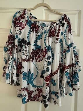 Fever White Floral Off-Shoulder Blouse in Teal, Burgundy & Black